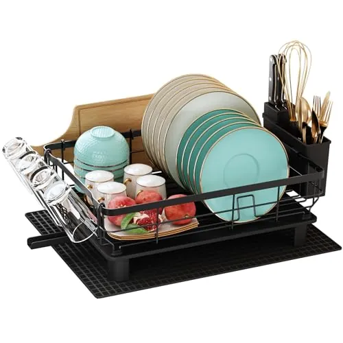 MAJALiS Escurreplatos Acero Inoxidable con Desagüe Automático de Cocina | Gran Capacidad, para Secar la Vajilla Lavada, Con Soporte Para Utensilios, Tabla De Cortar, Portavasos, 1 Nivele, Negro