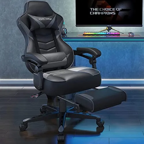 YU YUSING Silla Gaming Ergonómica con Masajeador, Silla Gaming Profesional | Cojín Lumbar y Cervical, Altura Ajustable,Respaldo Abatible, Silla Giratoria con Reposapiés,Capacidad de 150 kg, Negro Gris