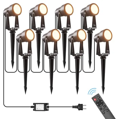 Focos Led Exterior, 95FT/29M 8 * 3W LED Focos de Jardín con Estaca Con función de temporizador y control remoto, Blanco Cálido 3000K IP65 Impermeable, al Aire Libre Iluminación de Caminos para Césped