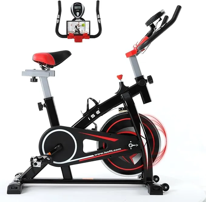 ISE Bicicleta Estática Indoor, Volante de Inercia 9KG, Bici Estatica Ajustable Resistencia, Bicicleta Profesional con Pantalla,Soporte, Sillín y Asa Ajustablesa, Max.120KG