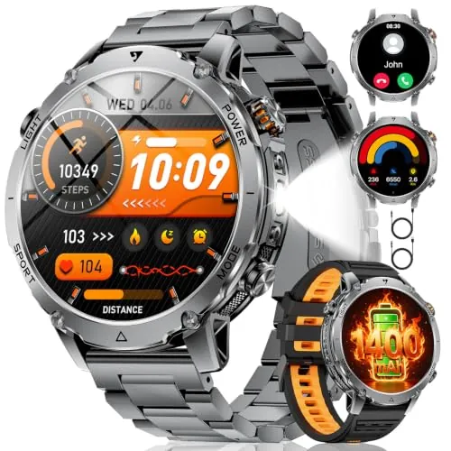 LIGE Reloj Inteligente Hombre 1400mAh Larga Duración, 1.7" Smartwatch Militar con Linterna LED, Llamadas Bluetooth, 120+ Deportes, 5ATM Impermeable, Frecuencia Cardíaca,Android/iOS,2 Cargadores