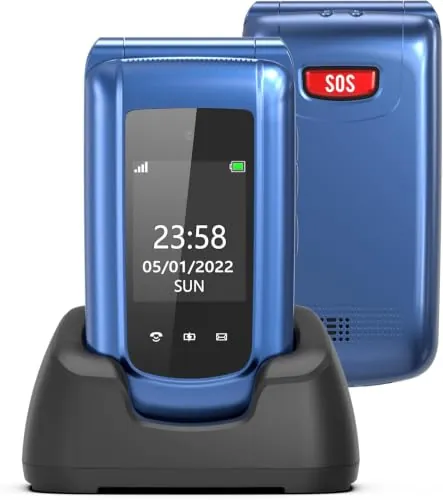 CHAKEYAKE Teléfono Móvil para Mayores con Teclas Grandes, Doble Pantalla 2,4'' + 1,77'', Botón SOS, Base de Carga, Marcación Rápida, Volumen Alto, Cámara, Libre, Azul