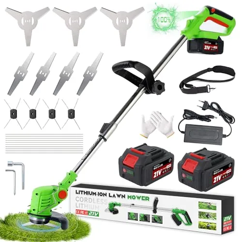 Fiutazge Desbrozadora a Batería 3 en 1, Desbrozadora Electrica con Disco Desbrozadora, Cortabordes Electrico Telescópico Ajustable, Ligero 1,5 kg con 2 Baterías 2,0Ah para Céspedes y Jardín