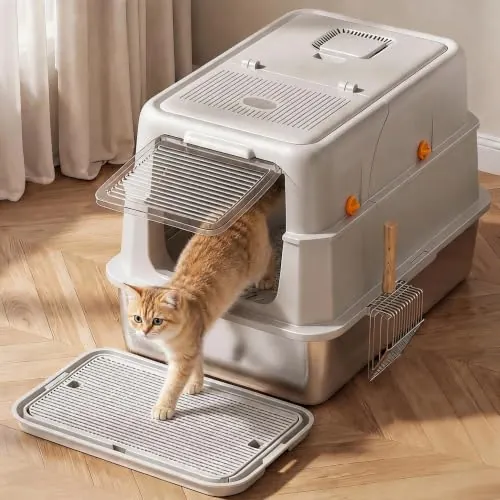 Klyvvo XXL Arenero Gato Cubierto de Acero Inoxidable– 3-en-1 Arenero Cerrado para Gatos con Tapa, con Filtro de Carbón Activo, Tapa Abatible 180°, Pala Metálica, Tapete, Antifugas, Sin Olores
