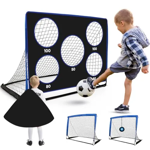 Bnlei 3 en 1 Porterias de Futbol para niños con 3 Modos de Juego, porteria Futbol niños Plegable, porterías de Futbol portatil niños-Azul