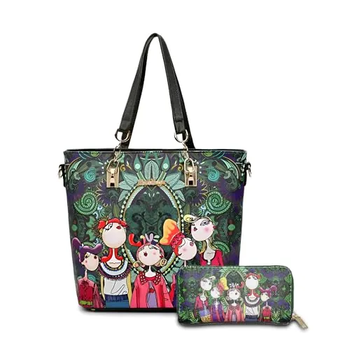 DEERWORD Mujer Bolsos de Mano Casual Bandolera Marca Mediano Totes Antirrobo Hombro Italianos PU Cuero 5705 5 piezas Verde