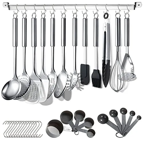 Berglander Juego de utensilios de cocina de 38 piezas de acero inoxidable, utensilios de cocina con soporte para utensilios y ganchos para colgar aptos para lavavajillas