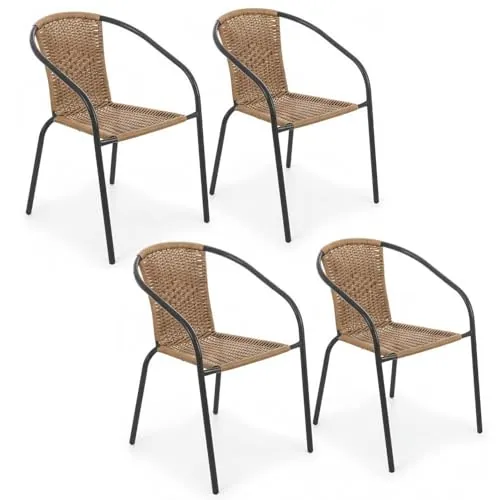 LOLAhome Pack 4 Sillas Jardín Exterior | Sillon Ratan Natural y Acero con epoxi Anticorrosión | Apilables | Cómodas y Resistentes | Balcón, Terraza o Jardín | Trivia