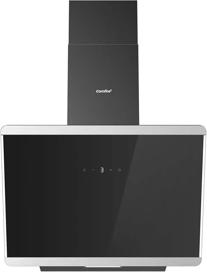 COMFEE' CH60J64ET4A2B Campana Extractora Inclinada, 380m³/h, 60cm en Vidrio Templado, 3 Niveles de Velocidad, Pantalla Táctil LED, Recirculación Interna o Canalización, 60cm, Negro