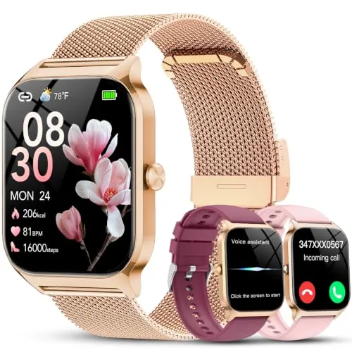 Reloj Inteligente Mujer-3 Correas, Llamadas Bluetooth Asistente IA, Whatsapp Notificaciones,1.85" Smartwatch Mujer con Pulsómetro/SpO2/Estrés/Monitor de Sueño,120+Modos Deportes para iPhone Android