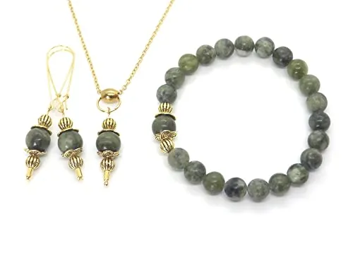 Conjunto de joyería estilo vintage de pulsera, collar y aretes para mujer hechos de jade verde taiwanés y metal dorado