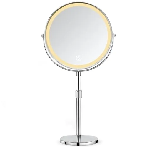 AIMAX Espejo Maquillaje con Luz Recargable, Espejo Aumento de Doble Cara 10x/1x, Rotación 360°, Altura Ajustable 38-48 cm, 3 Tonos de Luz y Brillo Regulable Continuamente, Batería 2000 mAh, Plateado