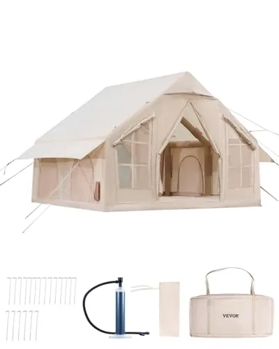 VEVOR Tienda Inflable para Acampar, Carpa Inflable de Tela Oxford 300D para 4-6 Personas con Bomba Manual, Conector para Estufa, 2 Puertas y 4 Ventanas de Malla, Bolsa de Almacenamiento, Beige