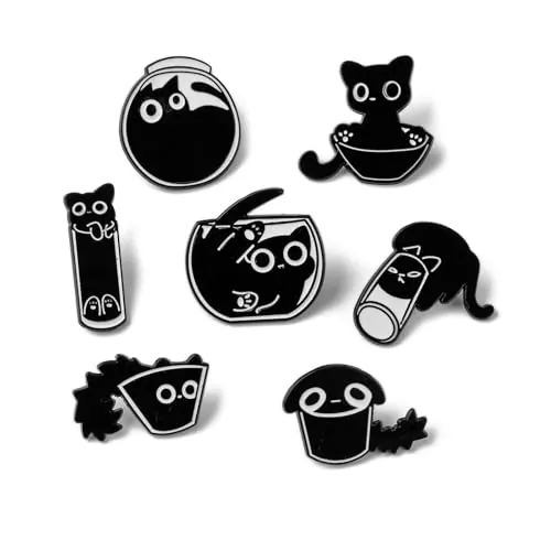 DHWEKU 7 broches esmaltados con diseño de gato negro para mujeres y niñas, bonito broche de esmalte para chaquetas, divertido broche de esmalte de gato