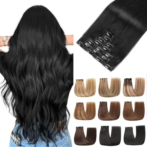 EINbeauty Extensiones de pelo humano con clip, 7 unidades, 120 g y 55 cm, extensiones de pelo humano recto invisible, color negro profundo (55 cm, 1#)