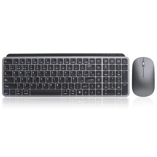 zienstar-Kit de Teclado y Ratón Español Recargable,Silencioso,Multi Dispositivo,Inalámbrico USB+Bluetooth-Gris