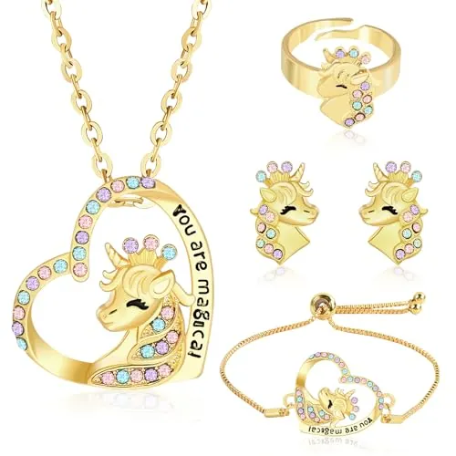 LXONTSG Conjunto de Joyas para Niñas, 4 Pcs Conjunto de Joyas de Unicornio, Collares, Anillos, Pulseras, Pendientes (Oro)