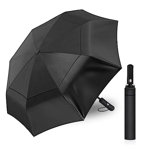 KNJOMZIE Paraguas Antiviento, Paraguas Plegable Automático de 62 Pulgadas con Doble Cubierta, Paraguas Resistente al Viento para Hombre y Mujer, Paraguas Grande para Golf (Negro)
