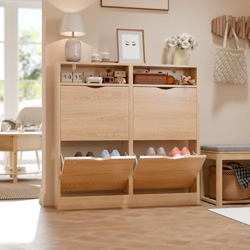 ELUCHANG Zapatero Estrecho con 4 Solapas & Compartimentos Abiertos, Mueble Zapatero Armario Moderno para Entrada, Recibidor y Dormitorio, Madera en Natural, 100x17x100cm