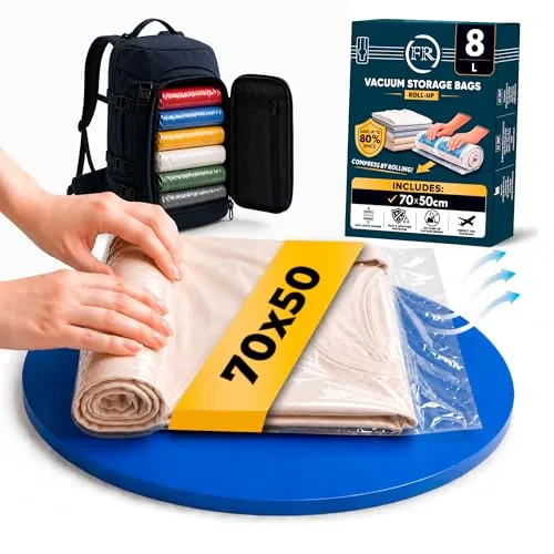 8x L Bolsas Vacio Ropa Viaje (Enrollar) | Sacos Vacuo I Vacuum Storage Bags | 8x 70x50cm (L) I Bolsas para Enrollar I Sin Bomba ni Aspirador I Ahorra Espacio I Reutilizables I Para Viajes