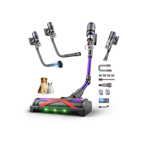 Circlio Aspiradora Sin Cable 58000Pa/600W/75Min, Escoba Aspiradora sin Cable con Brazo Flexible, Manguera de 1m, Cortapelos y Cepillo para Mascotas, Ideal para Suelos, Alfombras, Pelo de Mascotas