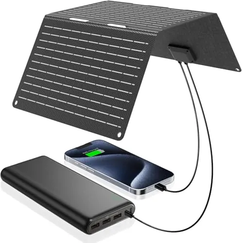 Ecosonique 30W Plegable Panel Solar USB-A USB-C Cargador Solar 5V 3A | IP67 Resistente al Agua para Teléfono Móvil, Cámara, Estación de Alimentación, Camping, Mochilero, Compatible con Teléfono