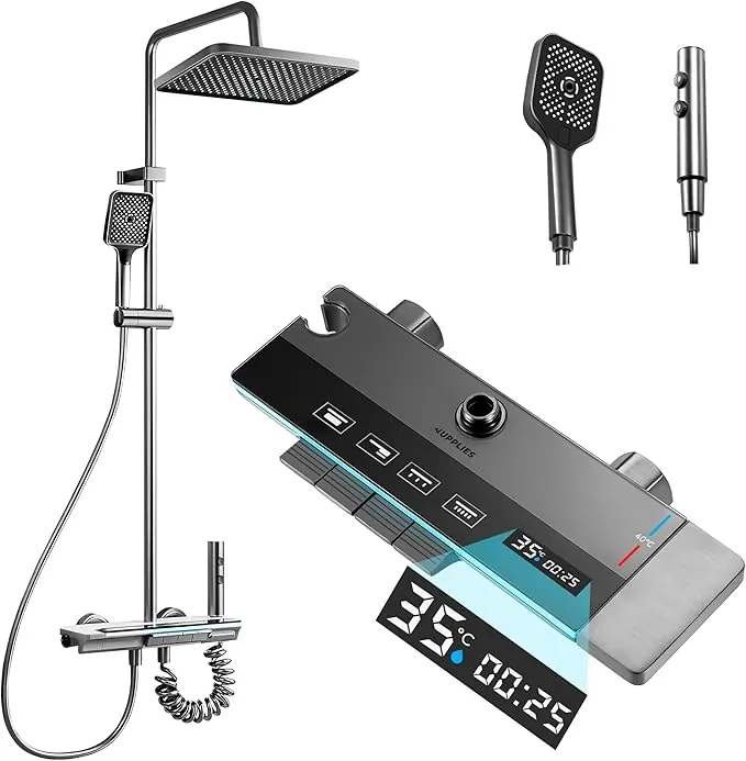JUPPLIES Columna de Ducha Termostatica con Pantalla Digital LED, Cabezal de Ducha XL estilo Lluvia, Ducha de Mano, Rociador auxiliar y Grifo Cascada – Acero Inoxidable - Baño de Lujo y Confort