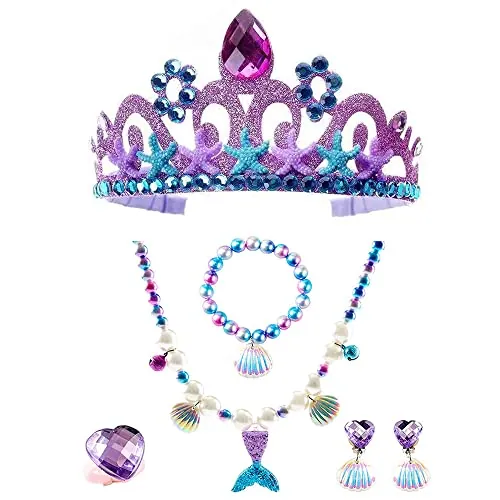 Qanye 6 Piezas Pulsera Niña, Joyas Niña 6 Años, Accesorios de Vestir de Sirena, Collar 8 Años, Set de Joyas, Incluyendo Corona, Aretes, Collares, Pulseras, Anillos, para Juegos de Rol