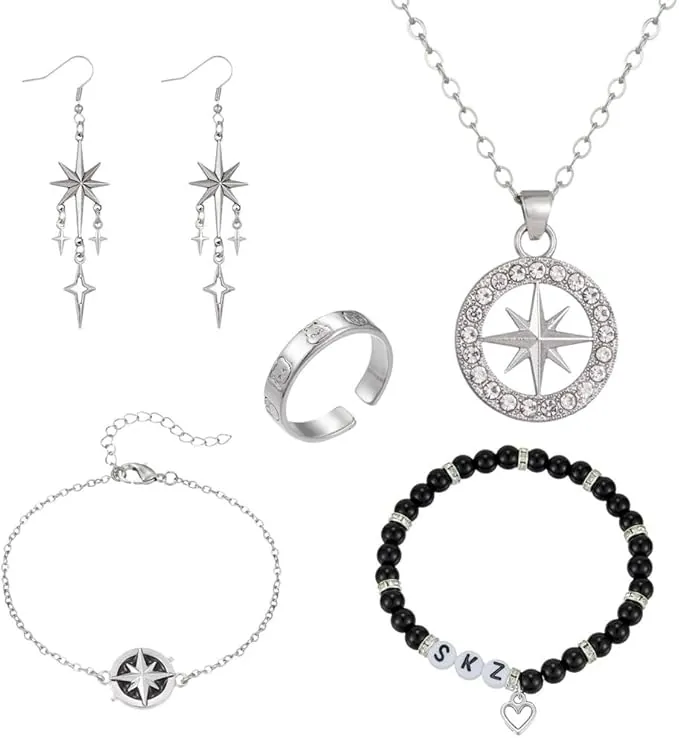 Conjunto Joyas Stray para Hombres y Mujeres Collar de Brújula Ajustable Pulsera Pendientes Anillo Set Regalo de Mercancía para Fans de Stray para STAY