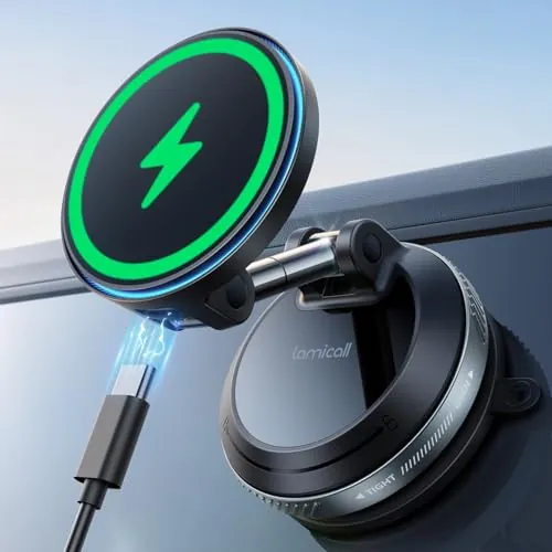 Lamicall 15W Cargador Inalámbrico Coche para MagSafe - [Ventosa de Vacío]