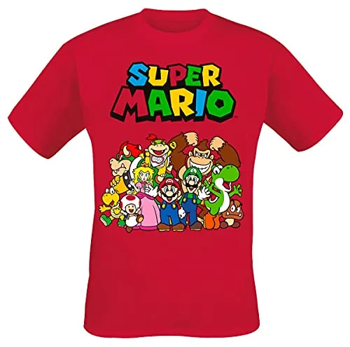 Super Mario Group Shot Hombre Camiseta Rojo M 100% algodón Vorne bedruckt Regular