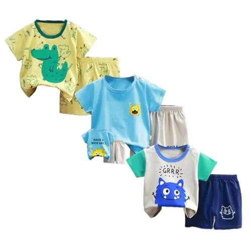 XM-Amigo Conjunto Bebé Niño Pack 6 Piezas 3 Juegos Camiseta Manga Corta Pantalones Cortos con Hebilla de Hombro Talla 55/80 Edad 6-18 Meses