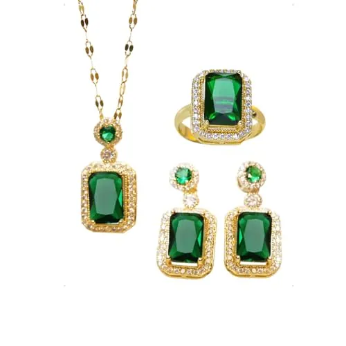KONFEN Conjunto de Joyas de Cristal, Esmeralda Juegos de Joyas Conjunto Pendientes Collar y Anillo Ajustable con Cubic Zirconia Mujer, Crystalina Joyeria Colgante Set para Mujeres Niñas (Verde)
