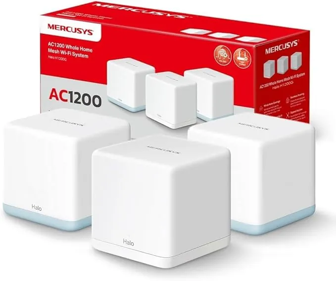 MERCUSYS Halo H1200G (3‑Pack) - WiFi Mesh AC1200 Gigabit Dual Band, Cobertura hasta 320 m², Roaming Inteligente, 1.2 Gbps, 6 Puertos Gigabit, Control por App