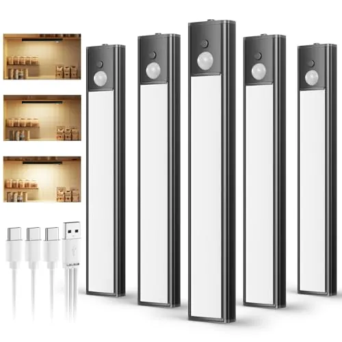 daphomeu 5 Pack Luces led Cocina Recargables,Luz Armario Sensor Movimiento Atenuable tipo C carga,Luz Sensor Movimiento Interior, Lampara Led para estantería, armario de escaleras