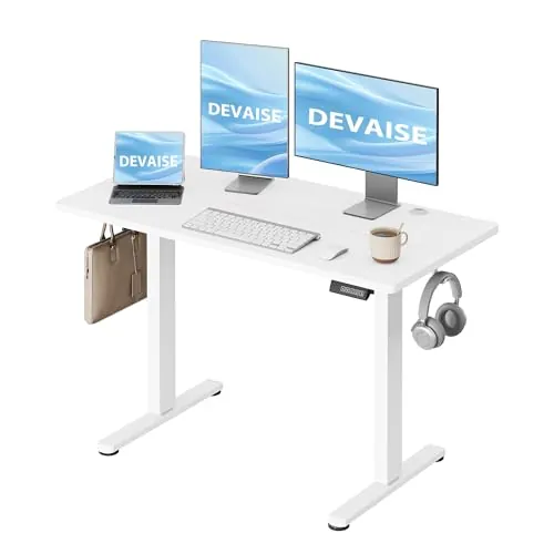 DEVAISE Escritorio Elevable Eléctrico,Mesa Regulable Rltura 120 x 60cm con 3 Memorias,Mesa de Oficina con Panel Inteligente en Casa con Tablero Ensamblado, Blanco