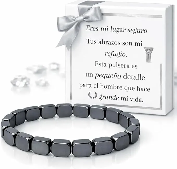 MOMENTUM Pulsera hombre - pulsera de fuerza hematita - Regalos originales para hombre - Ideal cumpleaños, Navidad y San valentín - Elástica y cómoda