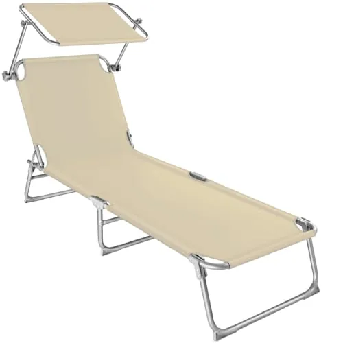 tectake® Tumbona Plegable con Toldo y Respaldo Regulables, para Piscina con Reposacabezas y Parasol, Tumbona Playa Resistente a la Intemperie, Tumbonas Exterior, Carga Máx. 110 kg - Beige