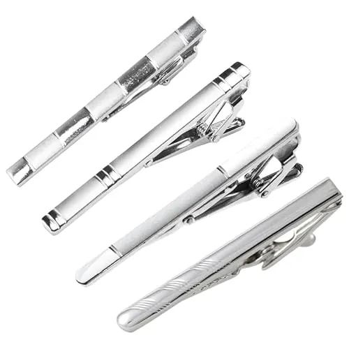 Vmoomax - Juego de 4 pinzas para corbata para hombre plateadas, accesorios elegantes para traje, boda, oficina, regalo, clips de corbata clásicos de metal para atuendos formales y cotidianos