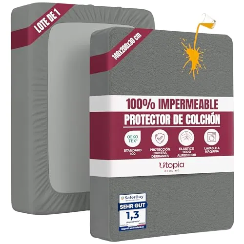 Utopia Bedding Protector Colchón 140 x 200 x 30 cm Impermeable, Certificación Oeko-Tex Funda Colchón, Cubre Colchón Transpirable, Elástico En Todo El Contorno Gris
