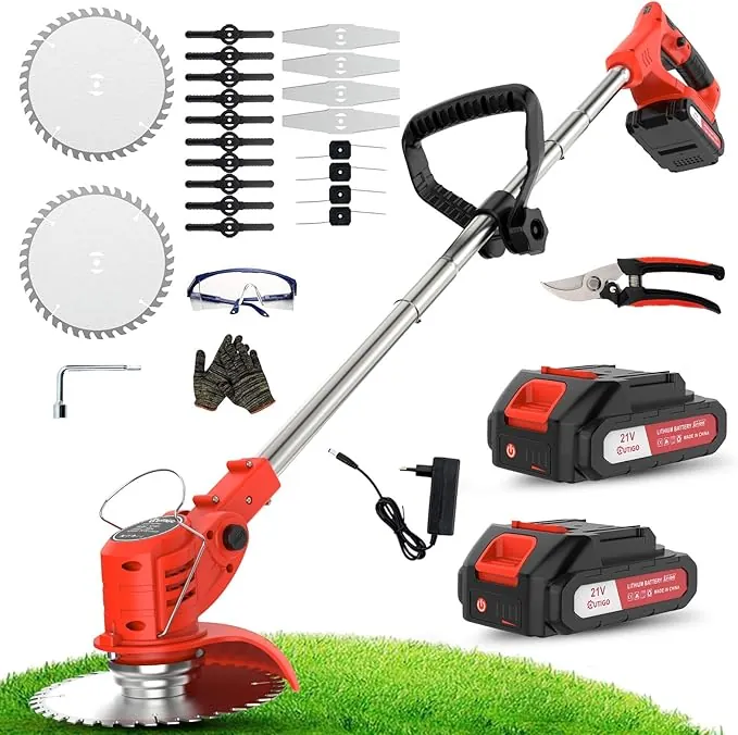 OUTIGO Cortadora de césped eléctrica inalámbrica, desbrozadora inalámbrica con 2 baterías y 4 Cuchillas, Recortar Malas Hierbas, césped Exterior y Ramas pequeñas, Decespugliatore Elettrico