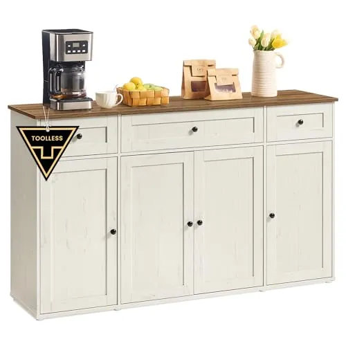 SONGMICS HOME Aparador, Montaje Súper Rápido Sin Herramientas Toolless, Mueble de Cocina con Encimera, Estantes Ajustables, Blanco Rústico y Marrón Miel BBK376WJ02