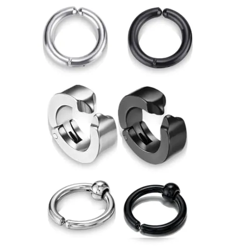 COYUN 6 Piezas Falsos Pendientes Clip De Piercing Acero Inoxidable Hombre Pendientes Clip Pendiente Mujer Pendientes Sin Agujero Pendiente Unisex Mujeres Hombres Pendientes, Negro/Plata