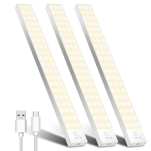 OUILA Luz LED Armario con Sensor Movimiento 3000K 60 LEDs 4 Modos Luz LED Adhesiva Magnética 1500mAh USB Recargable Luz Nocturna para Cocina, Armario, Escaleras, Pasillo, Garaje-3 Packs