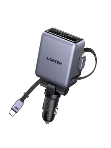 UGREEN 150W 4 EN 1 Cargador Coche USB C Retráctil USB C 100W Car Charger | 2 Cables Retráctiles Cargador Mechero Coche Carga Rápida Compatible con iPhone 18 Pro Max 17 16 15 MacBook M5 iPad Galaxy S26