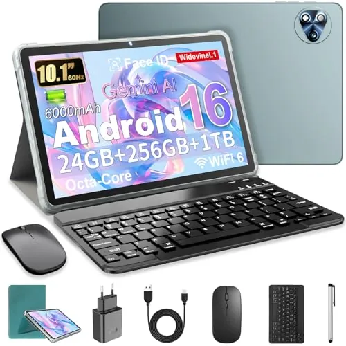 Android 16 Tablet 10 Pulgadas en Gemini AI, Tableta en Teclado, Ratón & Lápiz, Octa-Core, 24 GB RAM + 256 GB ROM + 1 TB TF, 1920x1200 Pantalla HD, Cámara Doble 8MP + 13MP, 6000 mAh (Funda Verde)