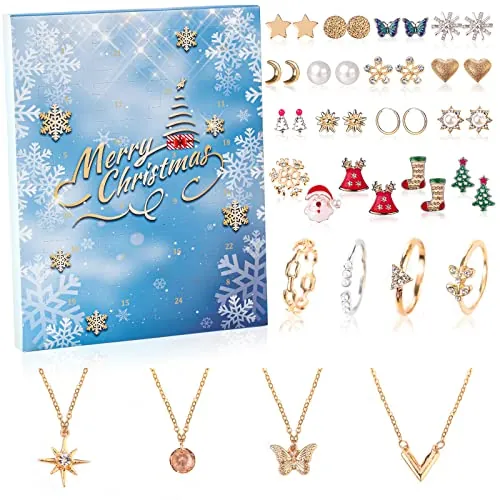 DEWUR Calendario de Adviento 2024 para niñas y mujeres, calendario de ocho de vino, adolescentes, joyas, collar, anillos, pendientes, moda, azul fresco