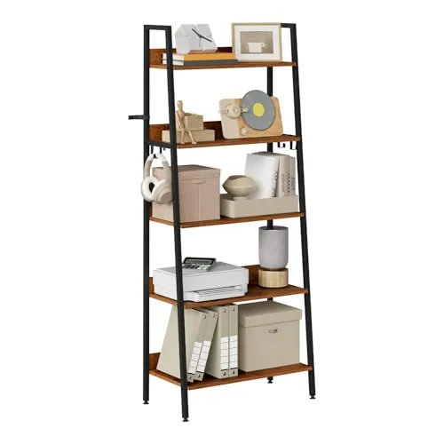 WOLTU Librería de 5 Niveles de Almacenamiento | Estanteria Metalica, para Estudio, Salón y Cocina, Marco Metálico, Negro + Madera Vintage, 64x36x171 cm