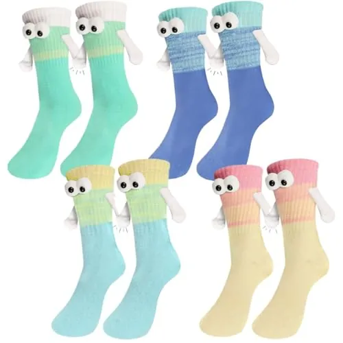 PYEUIFT 4 pares de calcetines magnéticos divertidos,Mediano Tubo Calcetines, calcetines 3d mano en la mano para mujeres hombres, par unisex divertido con las manos, calcetines para pareja