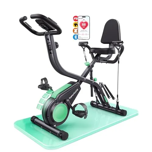 Toputure Bicicleta Estática 5 en 1 con App, Bici Estática Plegable para Casa y Espacios Reducidos, 16 Niveles Magnética Silenciosa, con Bandas de resistencia, Respaldo y Pulsómetro, Máx 140KG